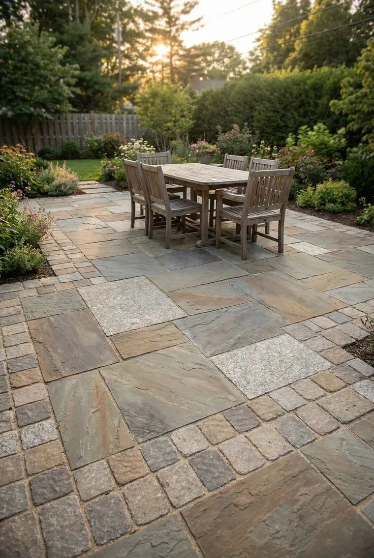 Terrasse en pierre naturelle avec salon de jardin